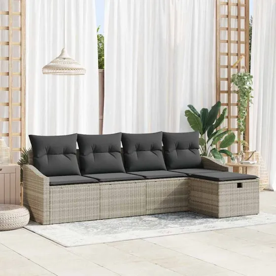Havesofa sæt 5-6 dele i polyrattan, lysegrå med puder