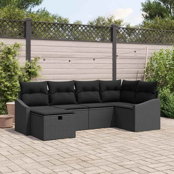 Havesofa sæt 6-7 dele i polyrattan med hynder - sort