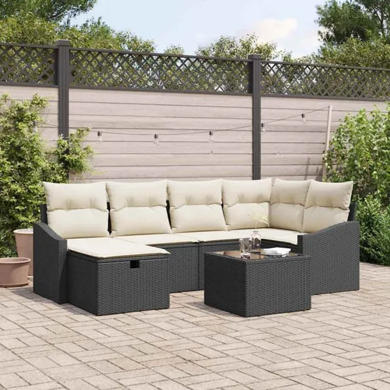 Polyrattan havesofa sæt med puder 6-7 dele, sort