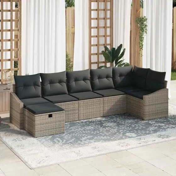 Polyrattan havesofa sæt 7–8 dele med puder, grå