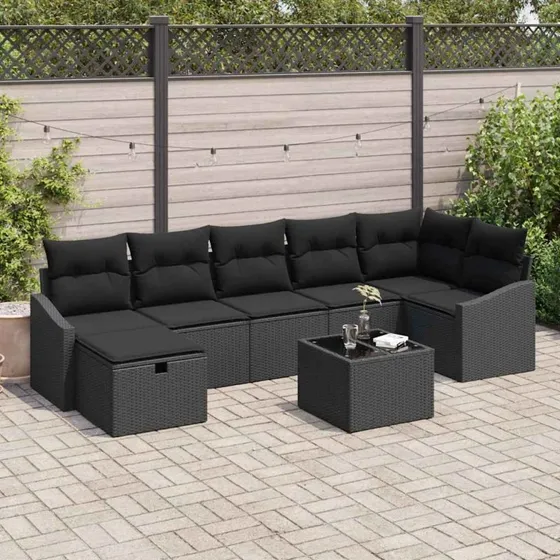 Havesofa sæt 8 dele i sort polyrattan med puder