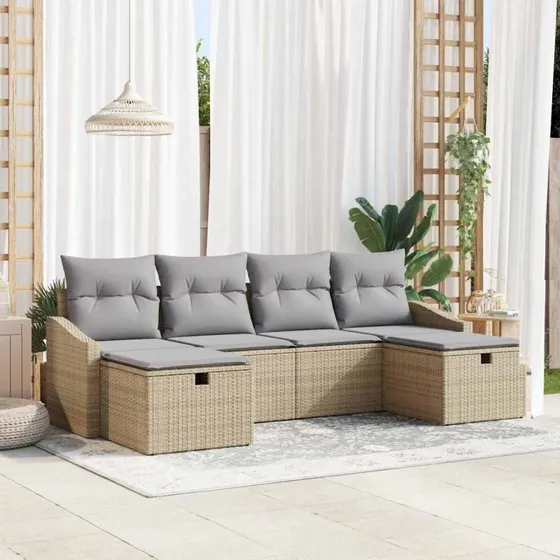 Sofasæt i polyrattan 6 stk med hynder - beige
