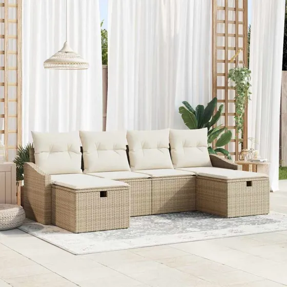 Havesofa sæt 6 dele i polyrattan med hynder, beige