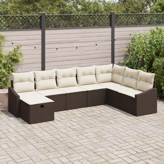 Polyrattan havesofa sæt 8-9 dele med hynder - brun