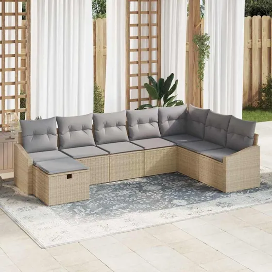 Polyrattan havemøbel sæt 8-9 dele med puder, beige