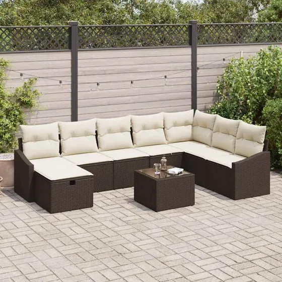 Havesofa sæt 9 dele i polyrattan med puder - brun