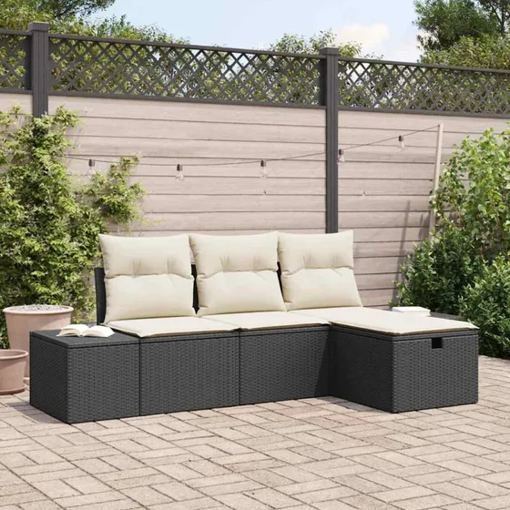 Sofasæt 4-pc i sort polyrattan med hynder