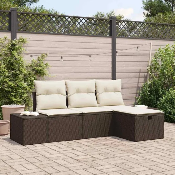 Havesofa sæt 4 dele i polyrattan med hynder, brun