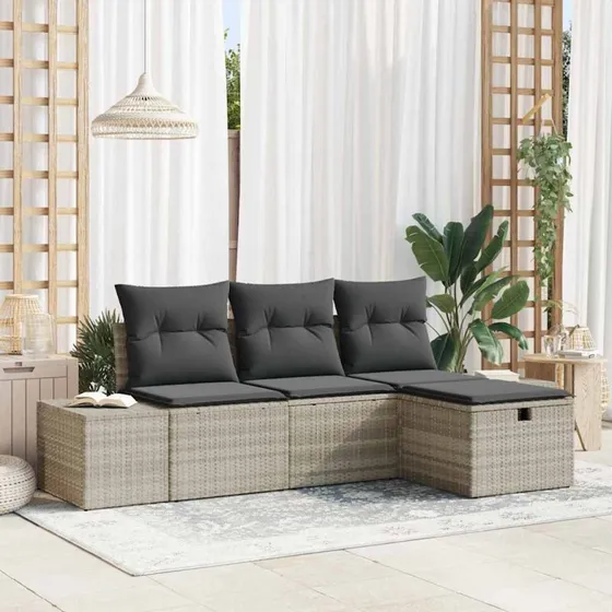 Havesofa sæt i polyrattan 4 stk. med hynder - Lysegrå