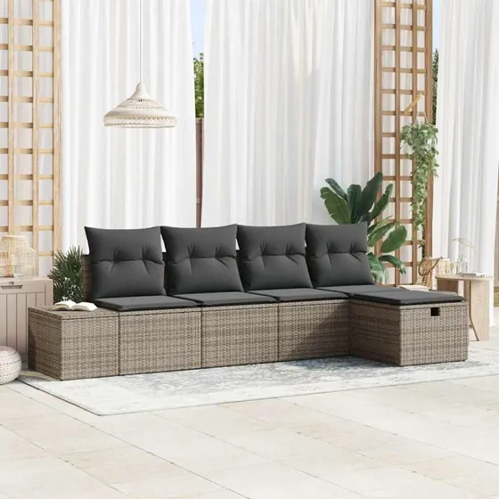 Havesofa sæt 5 dele i polyrattan med puder, grå