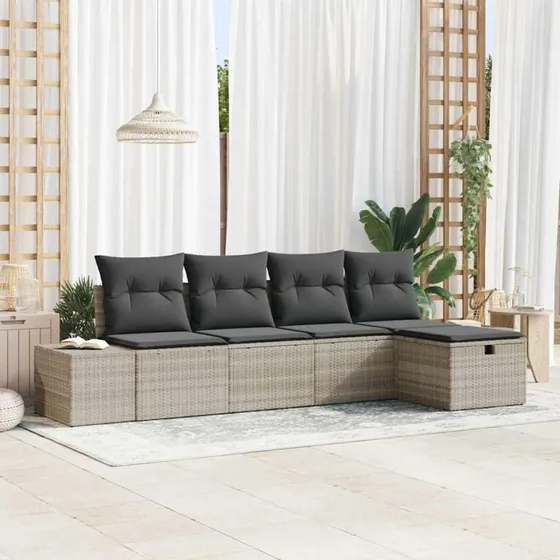 Havesofa sæt i polyrattan med puder - Lys grå (5-6 stk)