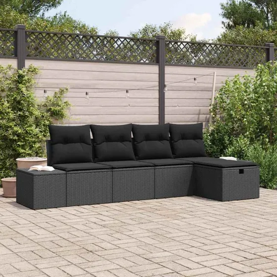Havesofa sæt i polyrattan 5–6 stk med hynder – Sort