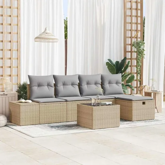 Polyrattan havesofa sæt med hynder 5–6 dele, beige