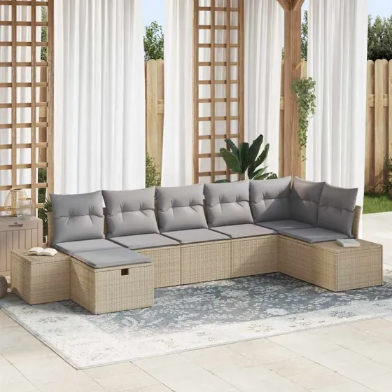 Havesofa sæt 7 dele i polyrattan med puder - Beige