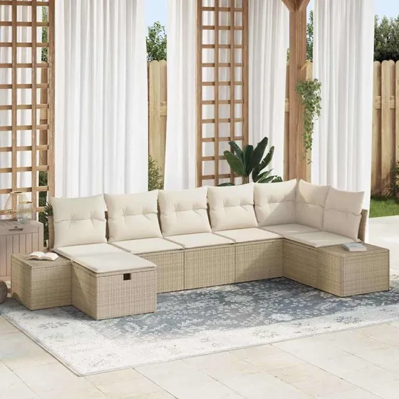 Havesofa sæt 7 dele i polyrattan med hynder - beige