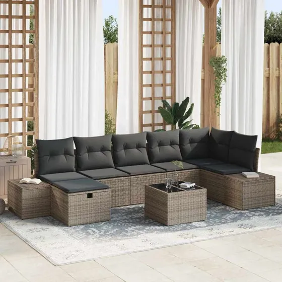Havesofa sæt i polyrattan 7-8 dele med hynder, grå