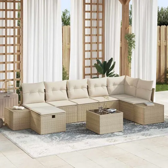 Havesofa sæt i polyrattan 8 dele med hynder - Beige