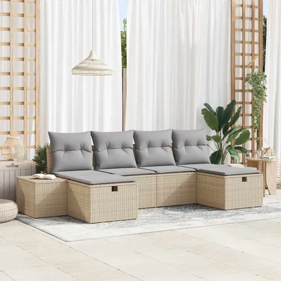 Havesofa sæt 6 dele i beige polyrattan med hynder og opbevaring