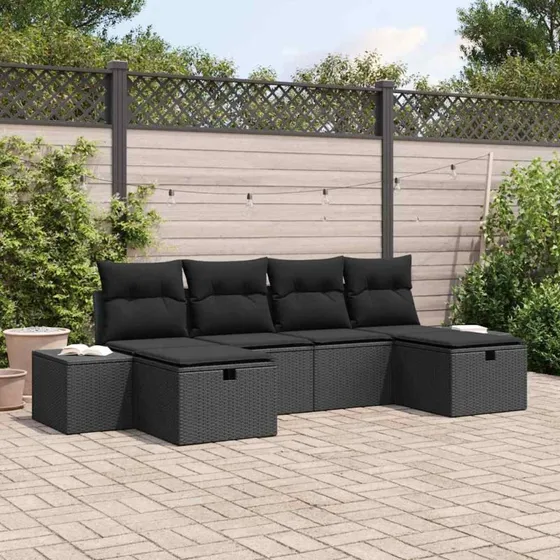 Havesofa sæt 6 dele sort polyrattan med puder og opbevaring