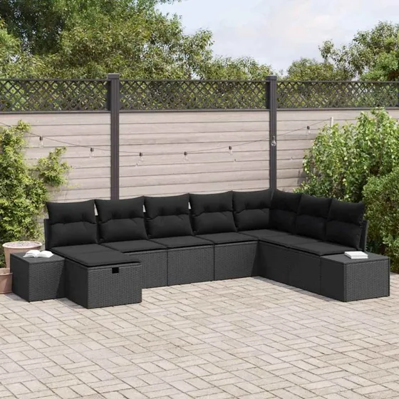 Havesofa sæt 8 dele i sort polyrattan med puder