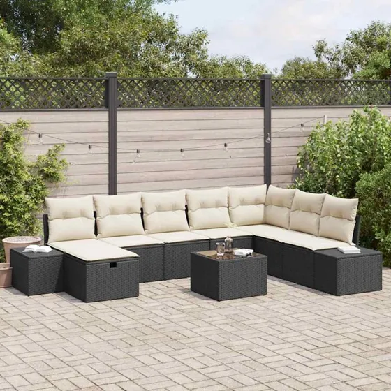 9-delt havesofa sæt i sort polyrattan med puder