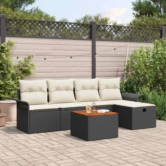 Havesofa sæt 6 dele med opbevaring – Sort polyrattan