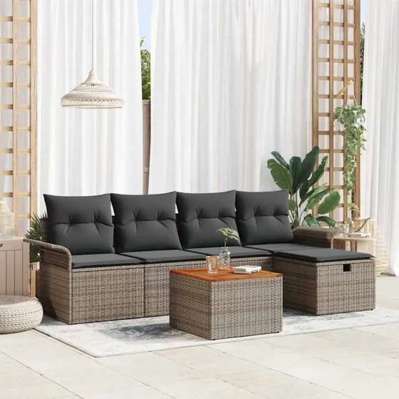 Havesofa sæt 6 dele i grå polyrattan med opbevaring