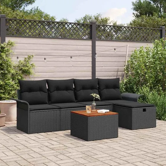 Havesofa sæt 6 dele med opbevaring – Sort polyrattan