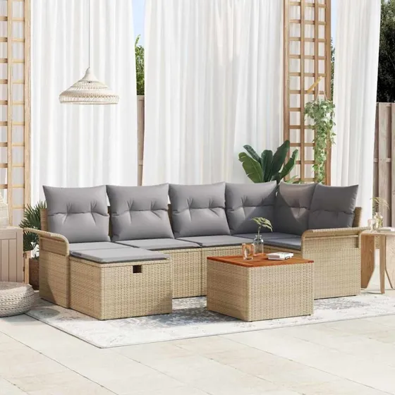 7-dele Havesofa Sæt i Beige Poly Rattan m. Opbevaring