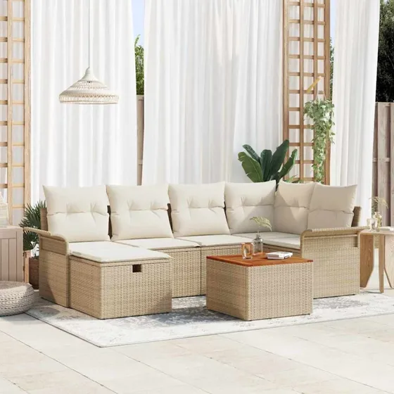 Havesofa sæt 7 dele i beige poly rattan med opbevaring