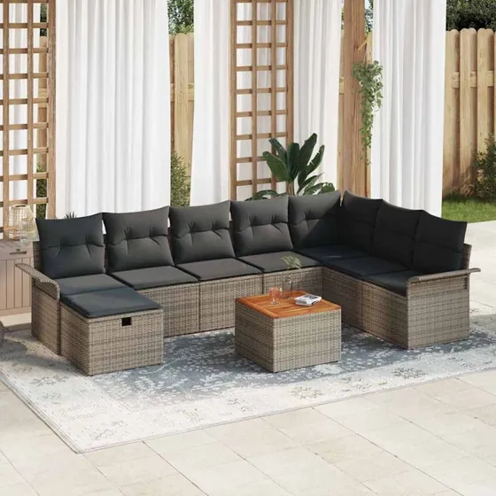 Havesofa sæt 9 dele i grå poly rattan med opbevaring