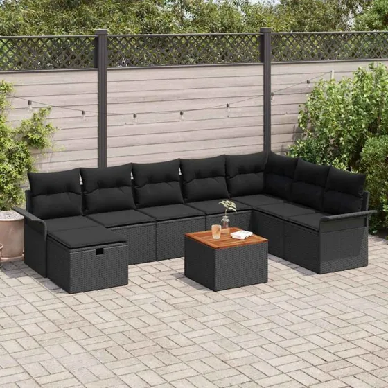 Havesofa 9-del sæt i sort poly rattan med opbevaring