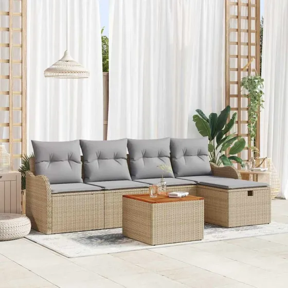 Havesofa sæt 6 dele i beige polyrattan med opbevaring