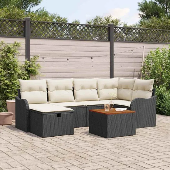 Havesofa sæt 7 dele i sort poly rattan med opbevaring