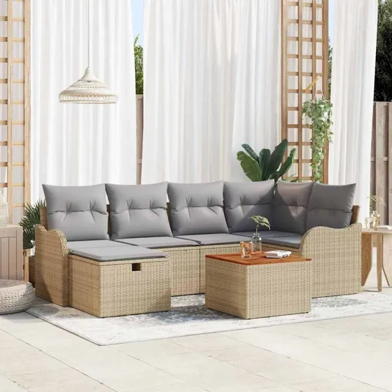 Havesofa sæt 7 dele - Beige polyrattan med opbevaring
