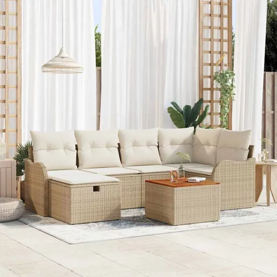 Havesofa sæt 7-del beige polyrattan med opbevaring