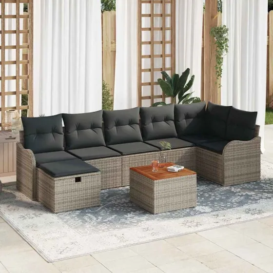 Havesofa sæt i grå poly rattan 8 dele med opbevaring