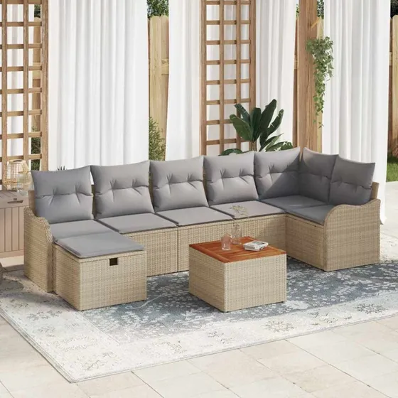 Havesofa sæt 8 dele i beige poly rattan med opbevaring