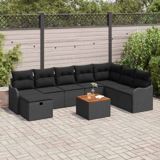 Havesofa sæt 9 dele i sort poly rattan med opbevaring