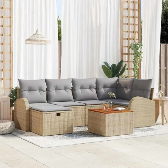 Havesofa sæt 7 dele i beige poly rattan med opbevaring
