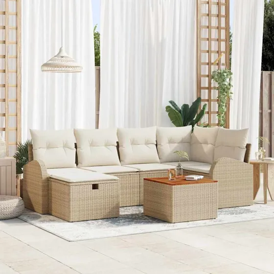 Havesofa sæt 7 dele i beige polyrattan med opbevaring