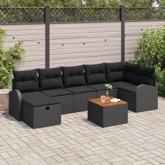 Havesofa sæt 8 dele i sort poly rattan med opbevaring