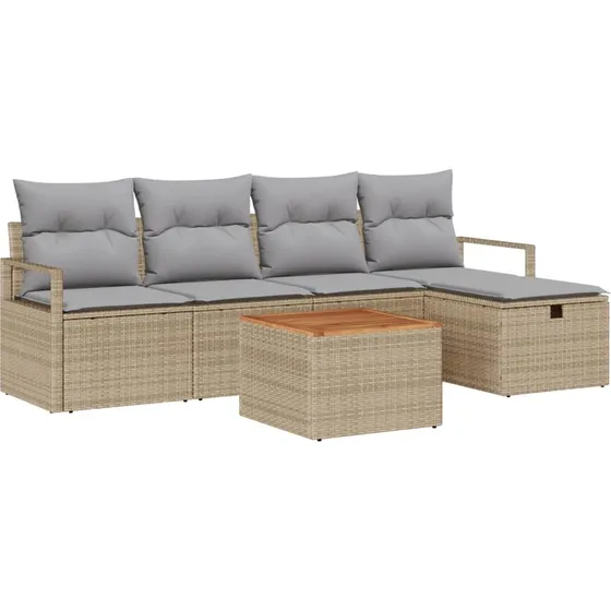 Havesofa sæt 6 dele i beige polyrattan med opbevaring