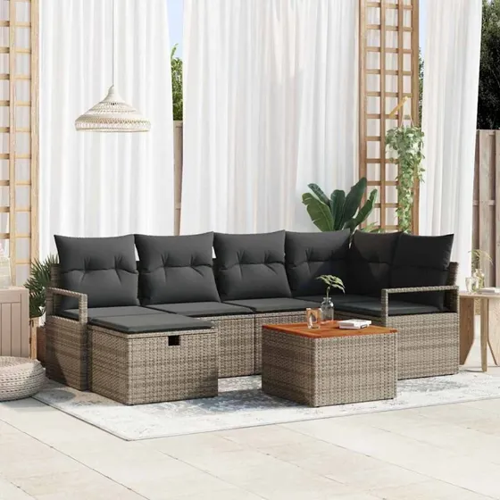 Havesofa sæt 7 dele med opbevaring – grå polyrattan
