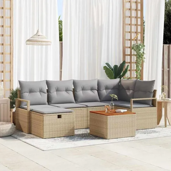 Havesofa sæt 7 dele beige polyrattan med opbevaring