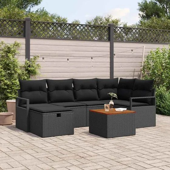 Havesofa sæt 7 dele i sort polyrattan med opbevaring