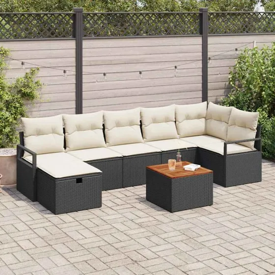 Havesofa sæt 8 dele sort polyrattan med opbevaring