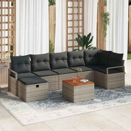 Havesofa sæt 8 dele i grå polyrattan med opbevaring
