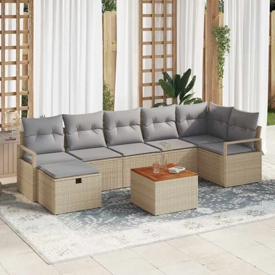 Havesofa sæt 8 dele beige poly rattan med opbevaring