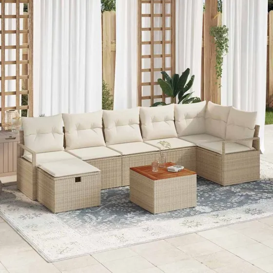 Havesofa sæt 8 dele beige poly rattan med opbevaring